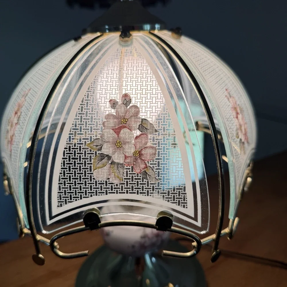 VTG 90s Touch Lamp Printed Floral Design Glass Small Table Lamp *Flaw*